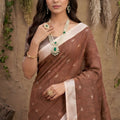 Coffee Brown Cotton Linen Saree with Silver Zari Border