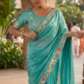 Aqua Blue Organza Silk Saree Floral Embroidered Border Designer Blouse