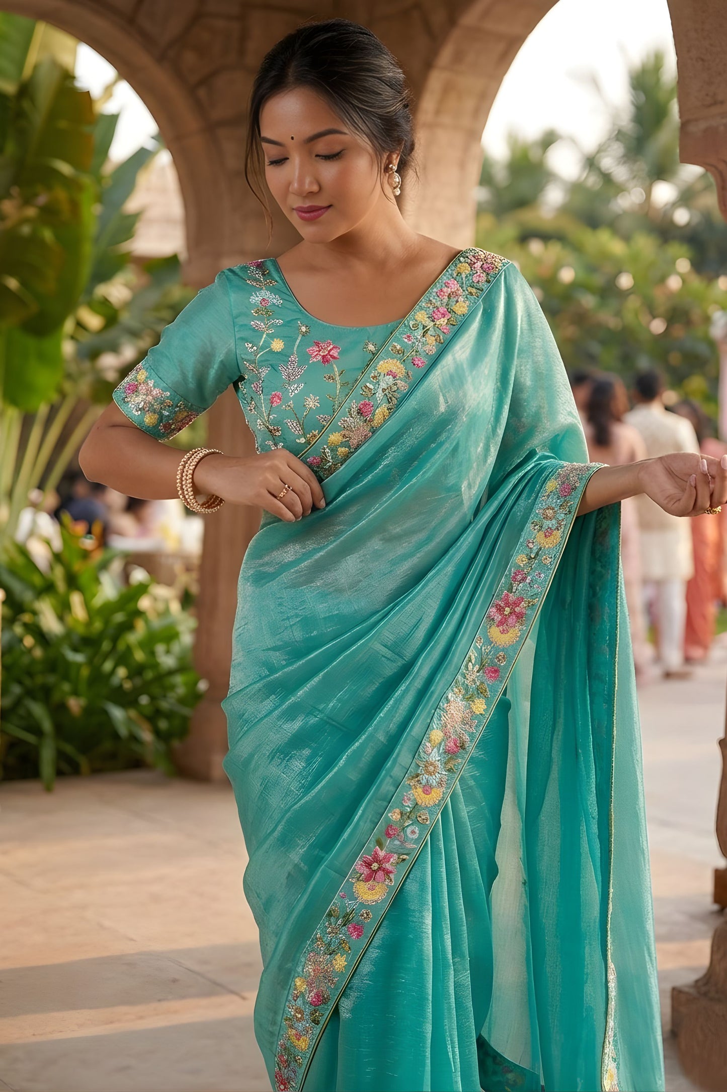 Aqua Blue Organza Silk Saree Floral Embroidered Border Designer Blouse