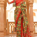 Olive Green Red Patola Print Silk Saree Traditional Gujarati Designer Border