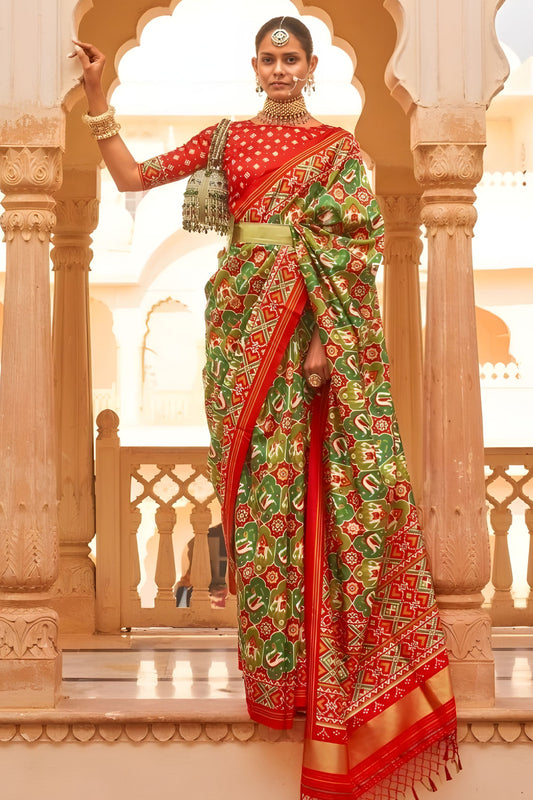 Olive Green Red Patola Print Silk Saree Traditional Gujarati Designer Border