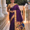 Deep Purple Cotton Silk Saree Golden Border Peacock Floral Designer Pallu