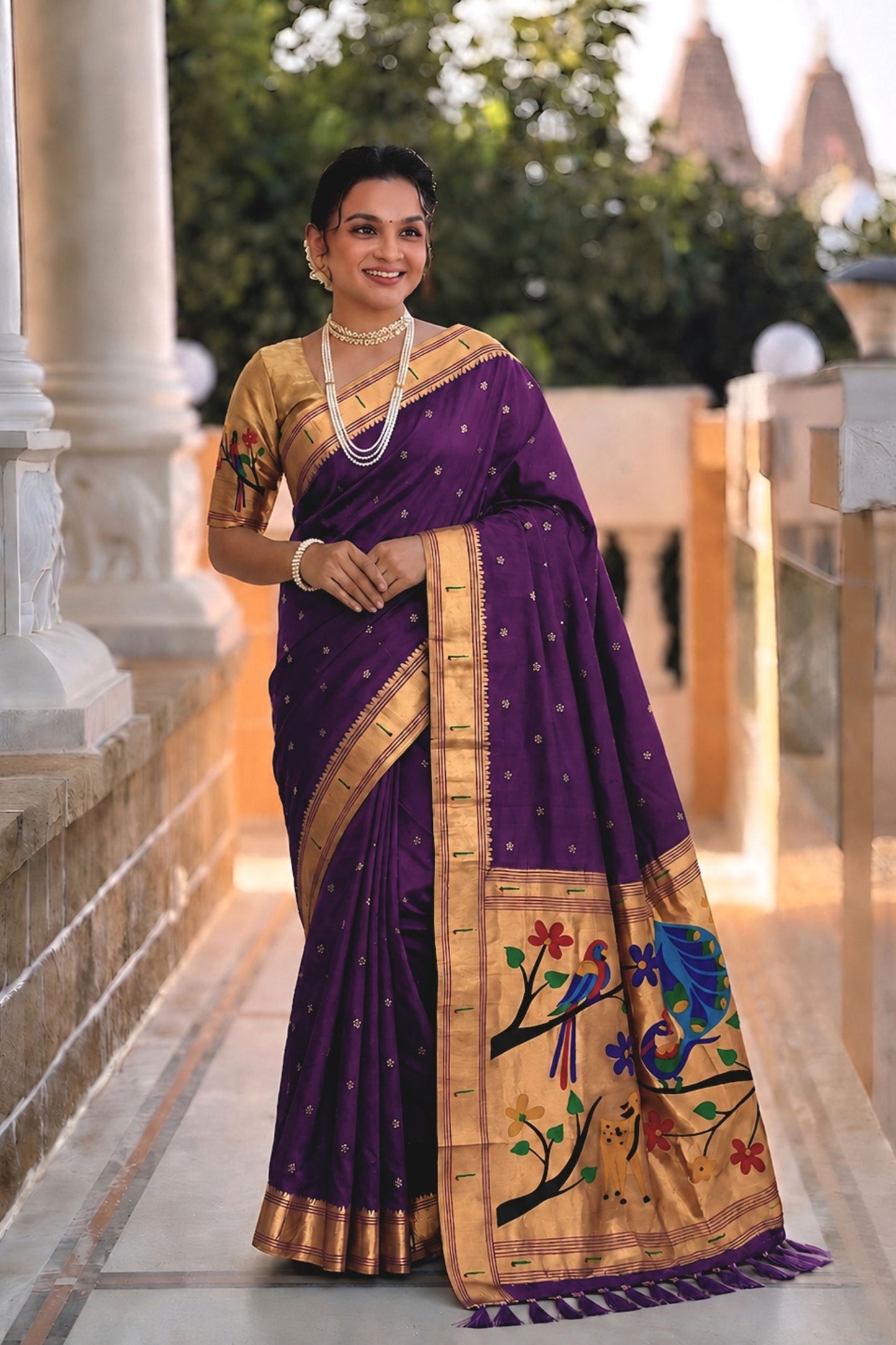 Deep Purple Cotton Silk Saree Golden Border Peacock Floral Designer Pallu