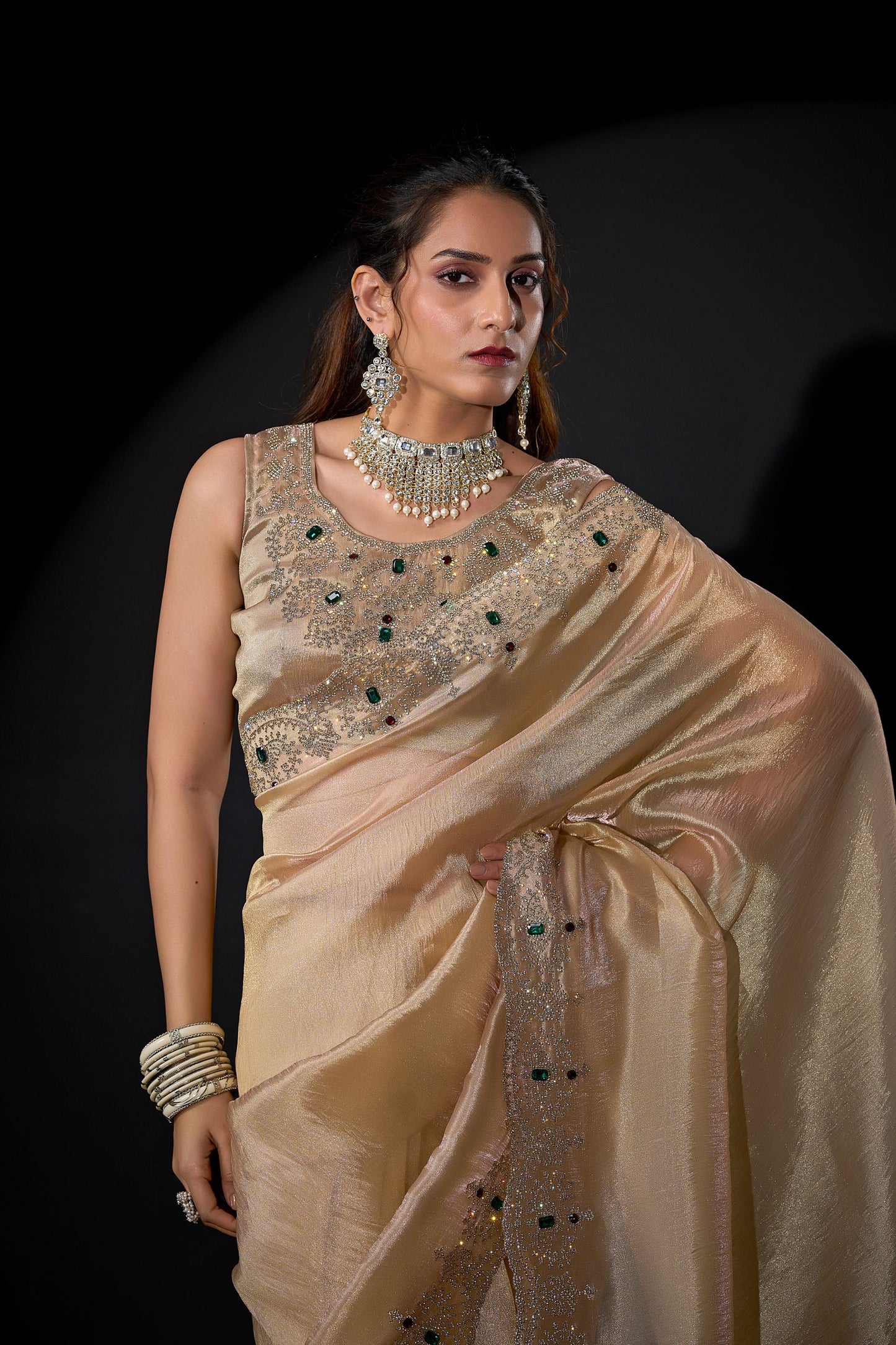 Golden Shimmer Silk Saree with Heavy Stone Zari Embroidered Border