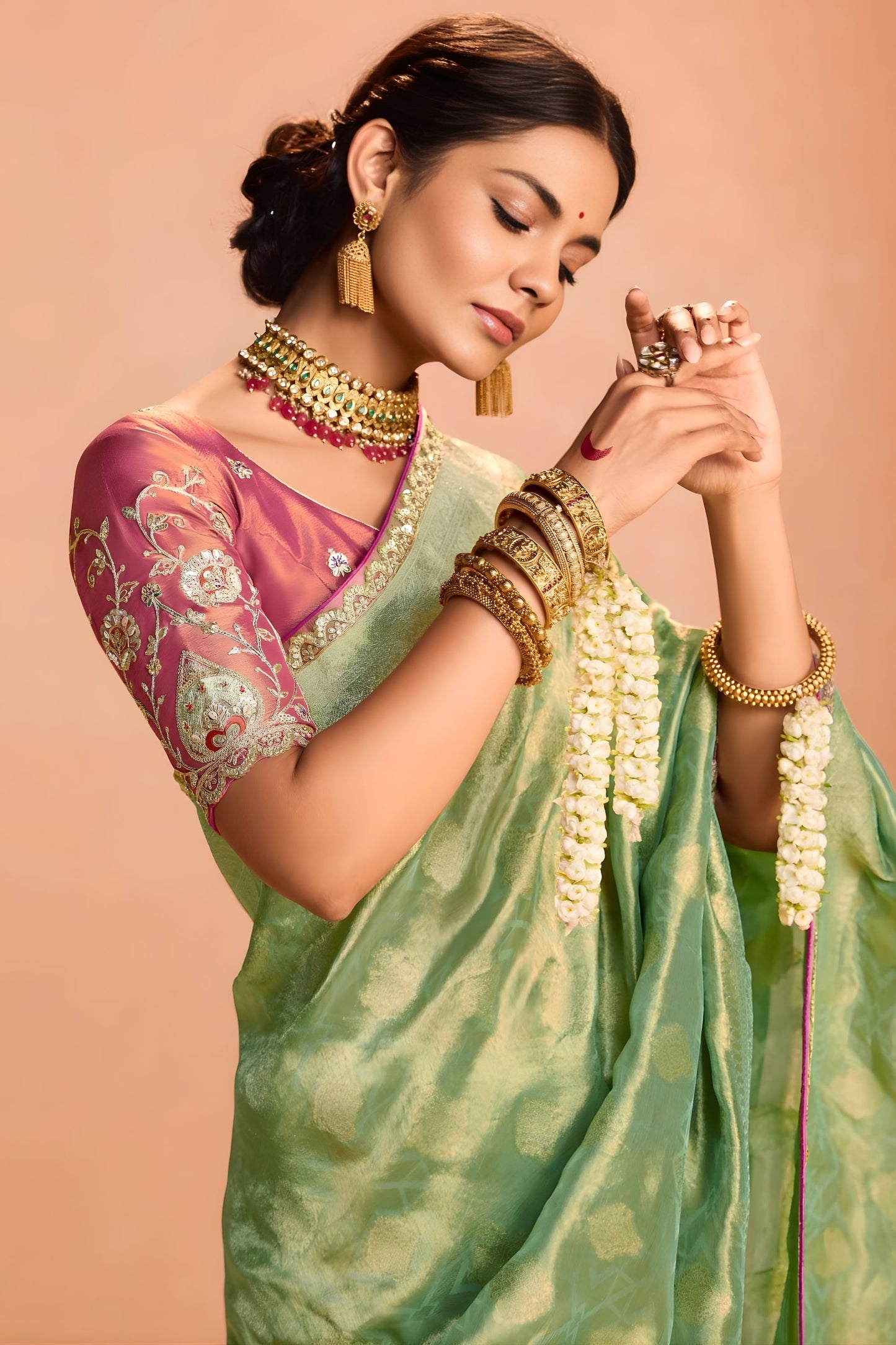 Pastel Green Soft Silk Saree with Woven Butti Designer Blouse