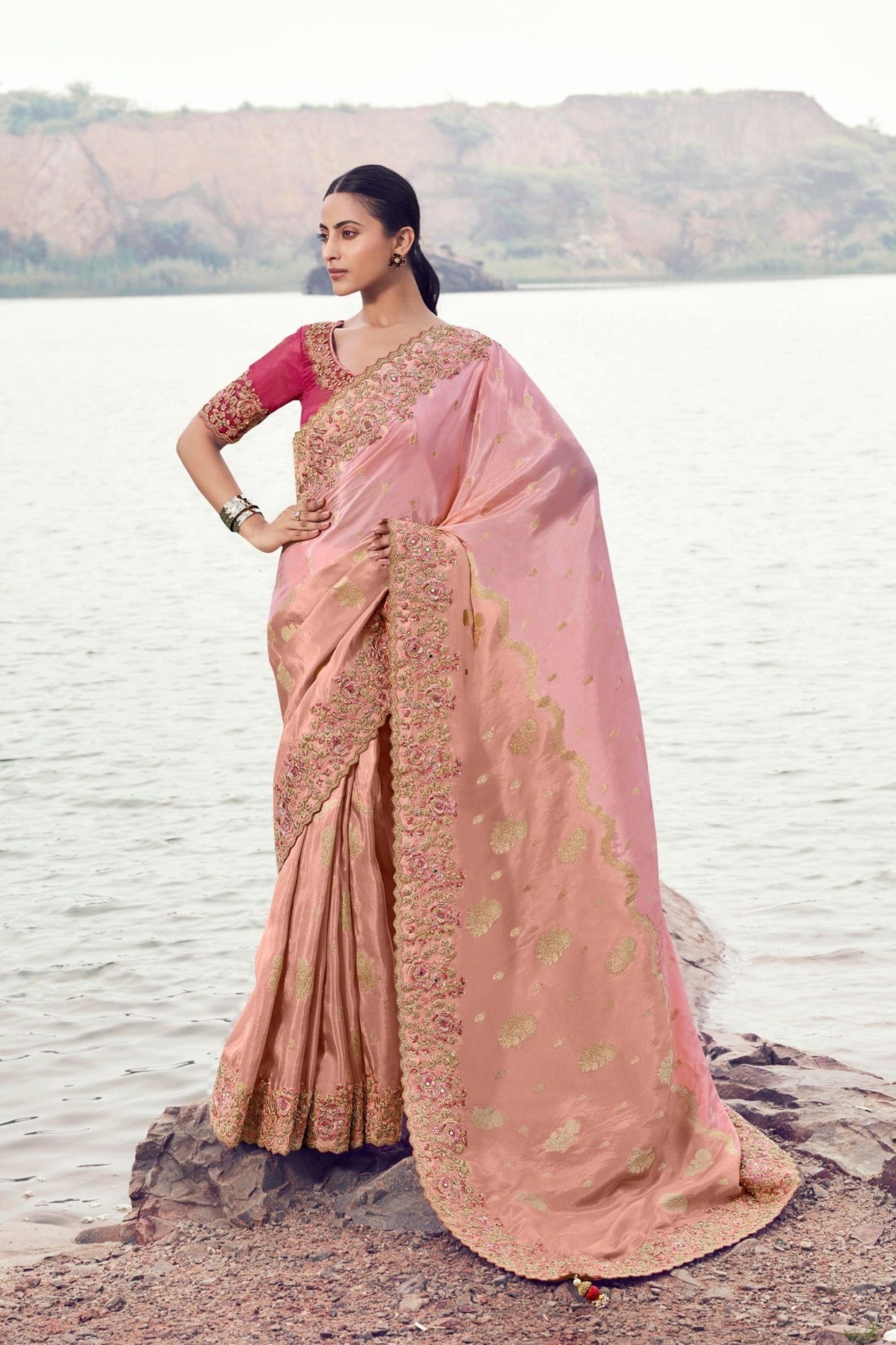 Pink Silk Saree with Heavy Zari Embroidery Contrast Blouse