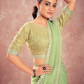 Pastel Green Georgette Saree Silver Embroidered Border Designer Blouse