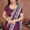 Wine Purple Satin Silk Saree Heavy Floral Embroidered Border Designer Blouse