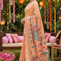 Peach Linen Silk Saree Multicolor Peacock Floral Print Zari Border