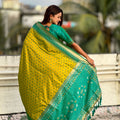 Mustard Yellow Saree Green Contrast Border Traditional Printed Design