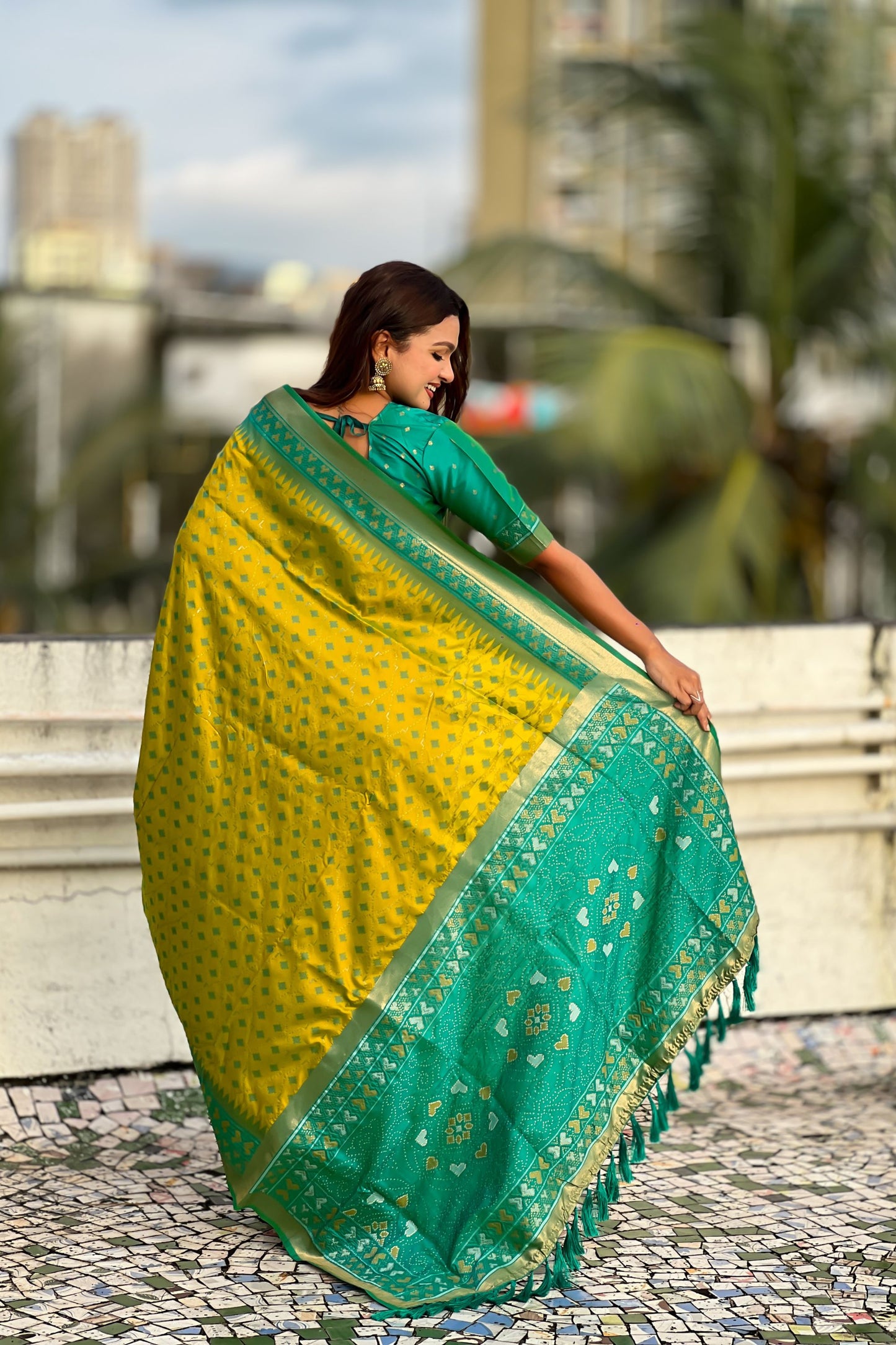 Mustard Yellow Saree Green Contrast Border Traditional Printed Design