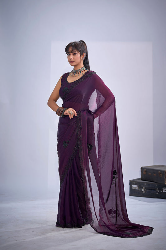 Wine Purple Organza Silk Saree Floral Embroidery Designer Blouse