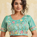 Aqua Green Silk Saree Floral Embroidered Border Designer Blouse