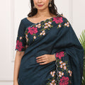 Dark Teal Silk Saree Floral Embroidery Border Designer Blouse
