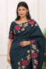 Dark Teal Silk Saree Floral Embroidery Border Designer Blouse