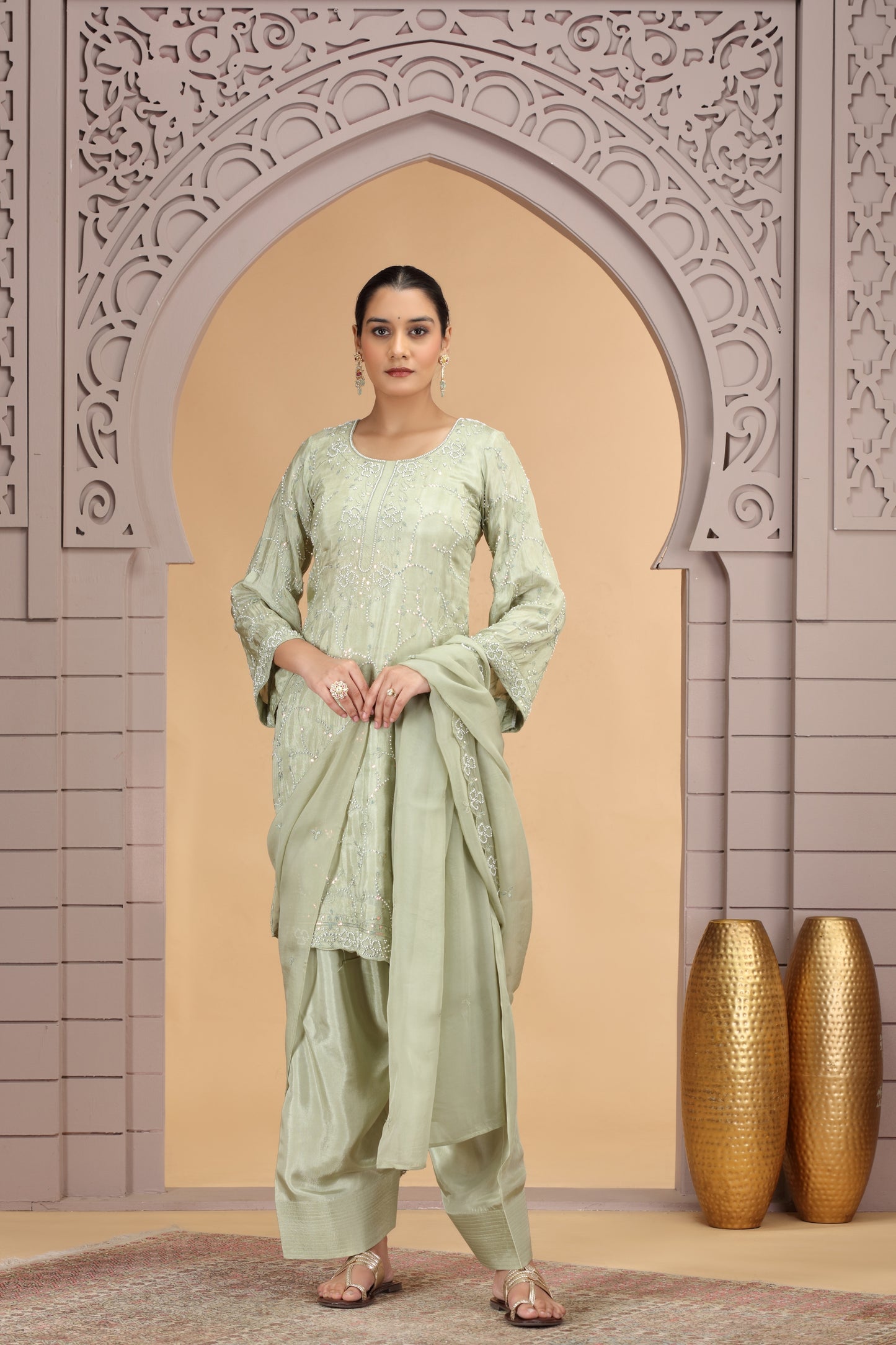 Elegant Green Satin Silk Embroidered Salwar Suit with Matching Dupatta