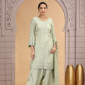 Elegant Green Satin Silk Embroidered Salwar Suit with Matching Dupatta