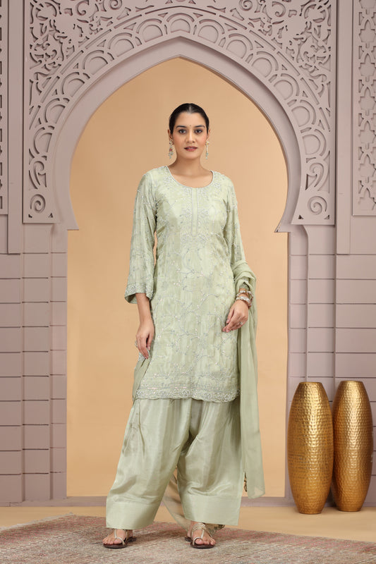 Elegant Green Satin Silk Embroidered Salwar Suit with Matching Dupatta
