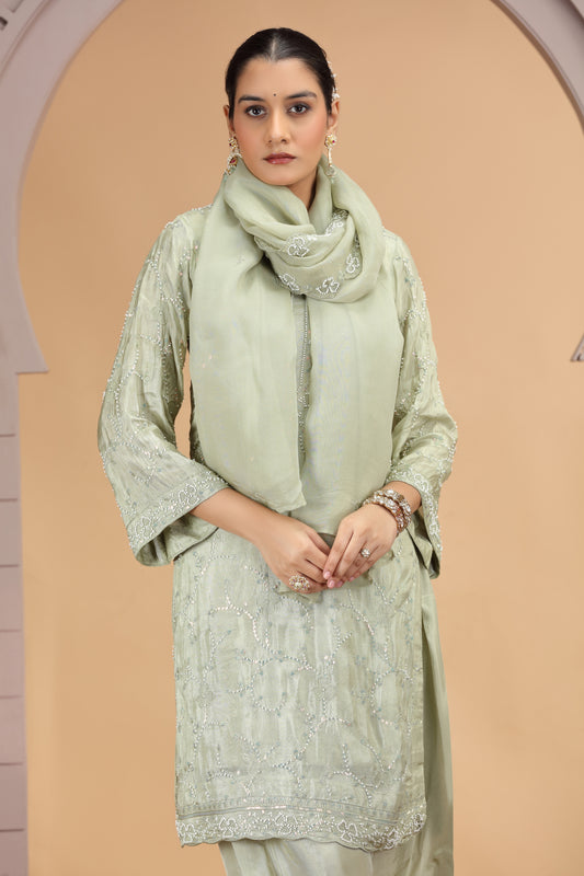 Elegant Green Satin Silk Embroidered Salwar Suit with Matching Dupatta