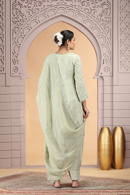 Elegant Green Satin Silk Embroidered Salwar Suit with Matching Dupatta