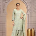 Elegant Green Satin Silk Embroidered Salwar Suit with Matching Dupatta