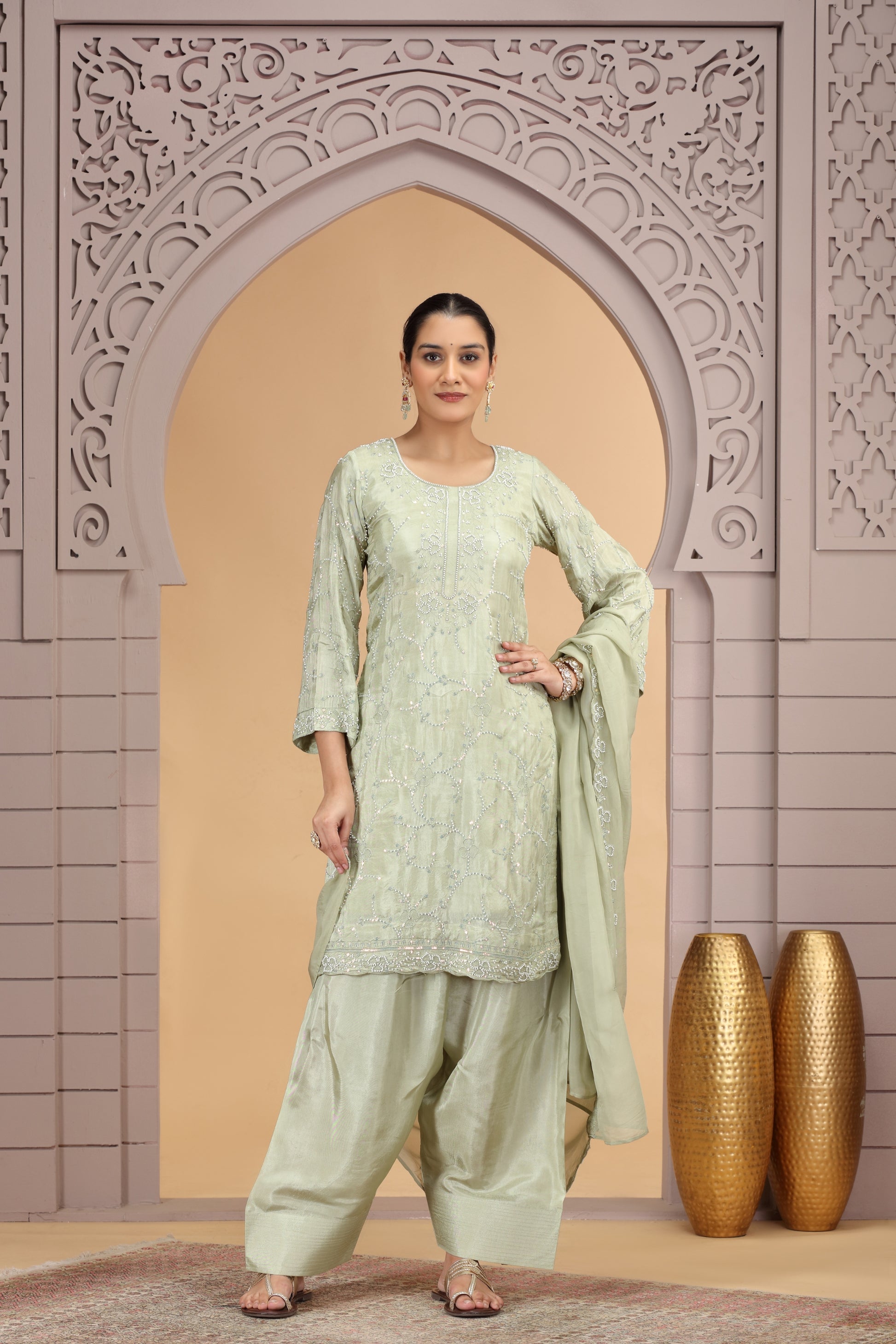 Elegant Green Satin Silk Embroidered Salwar Suit with Matching Dupatta