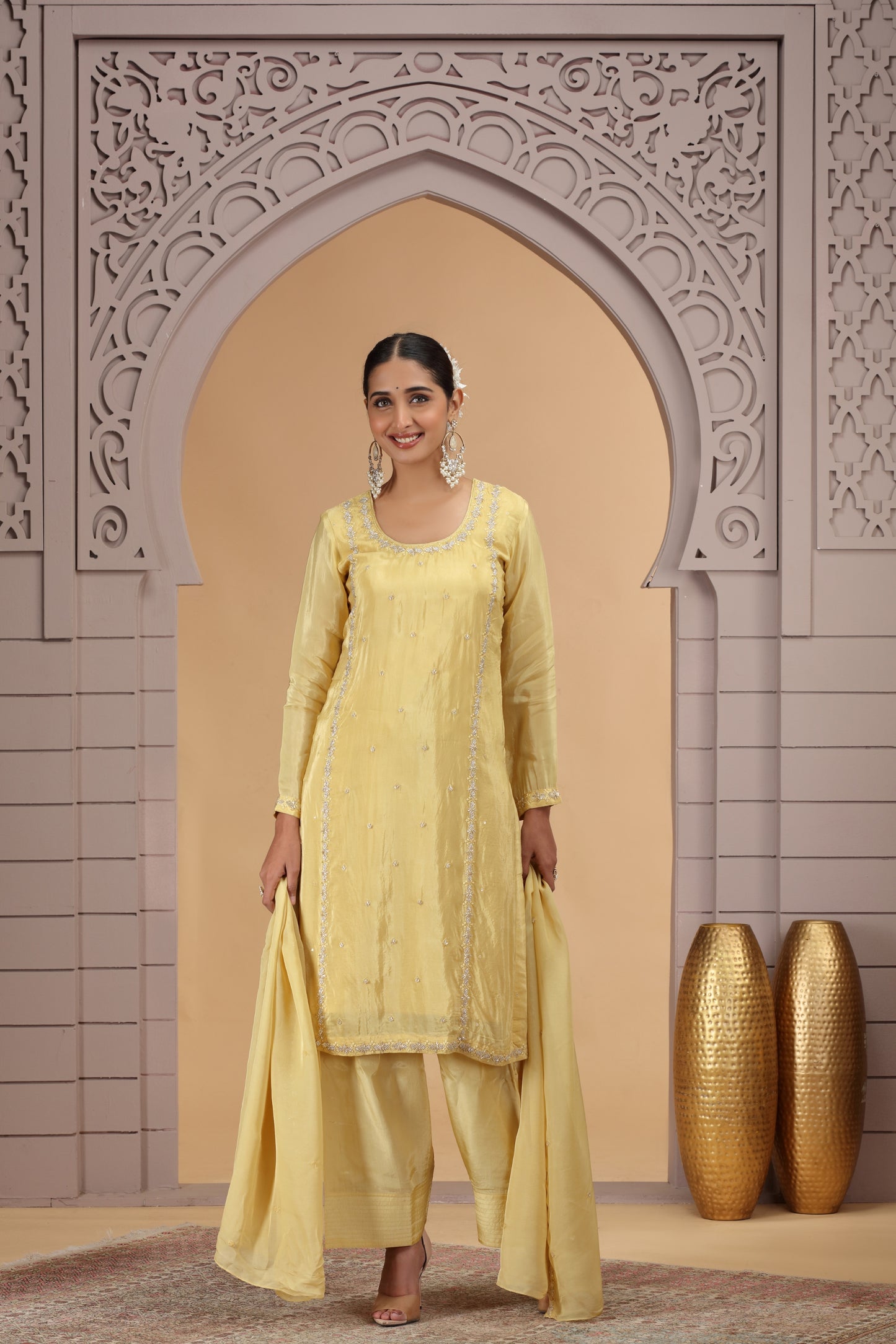Beautiful Yellow Satin Silk Embroidered Salwar Suit with Matching Dupatta