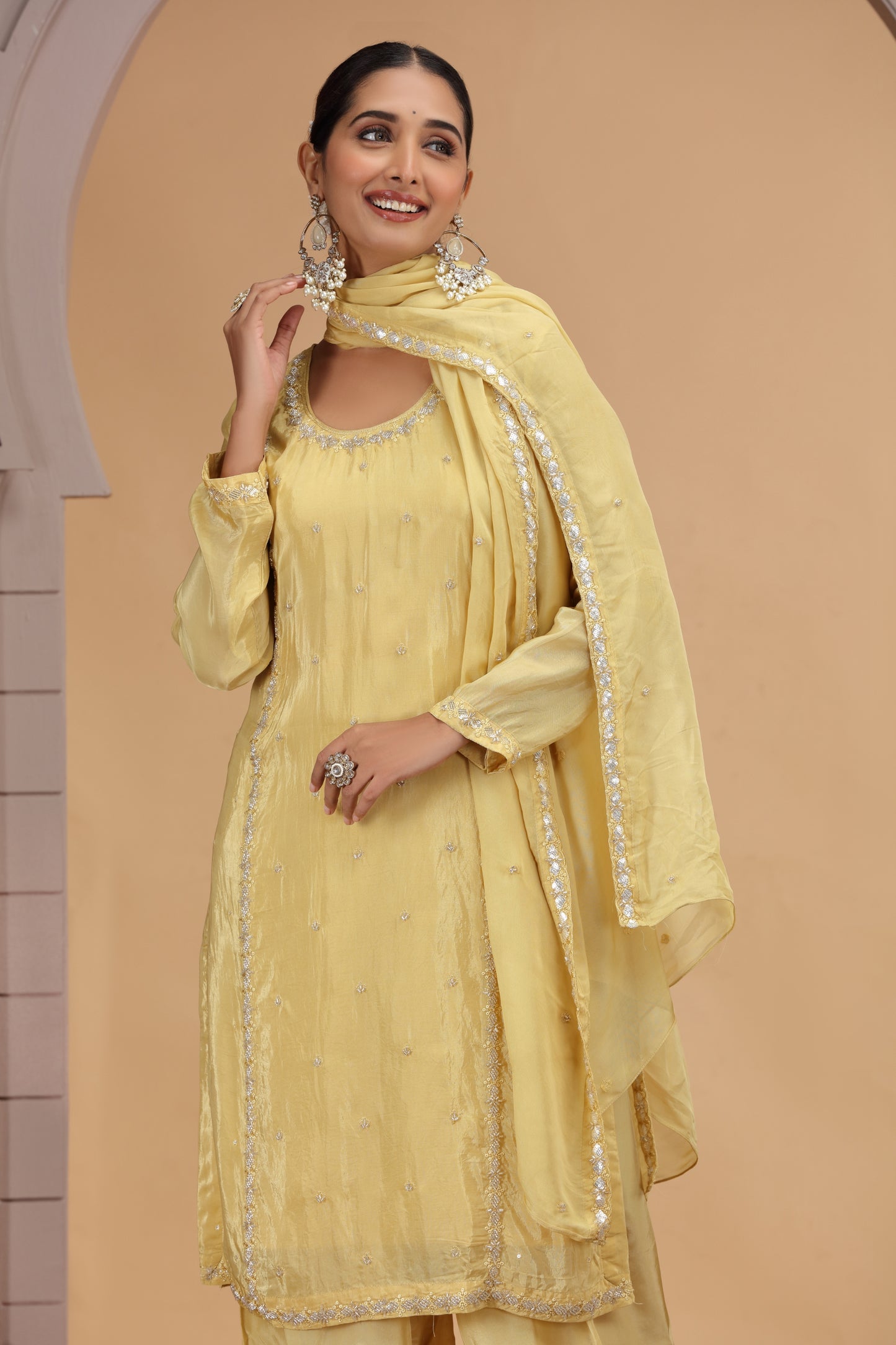 Beautiful Yellow Satin Silk Embroidered Salwar Suit with Matching Dupatta
