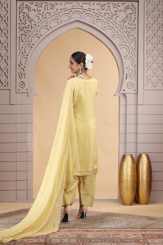 Beautiful Yellow Satin Silk Embroidered Salwar Suit with Matching Dupatta