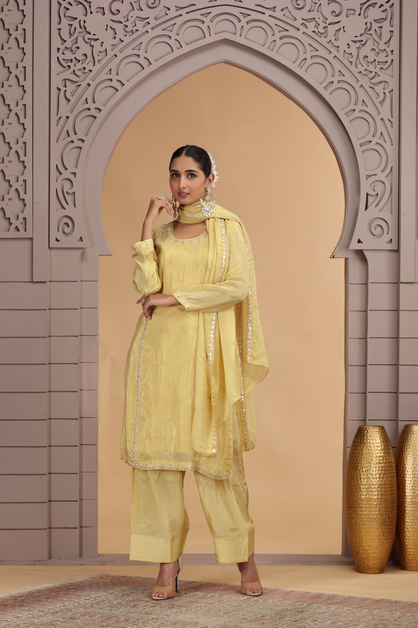 Beautiful Yellow Satin Silk Embroidered Salwar Suit with Matching Dupatta