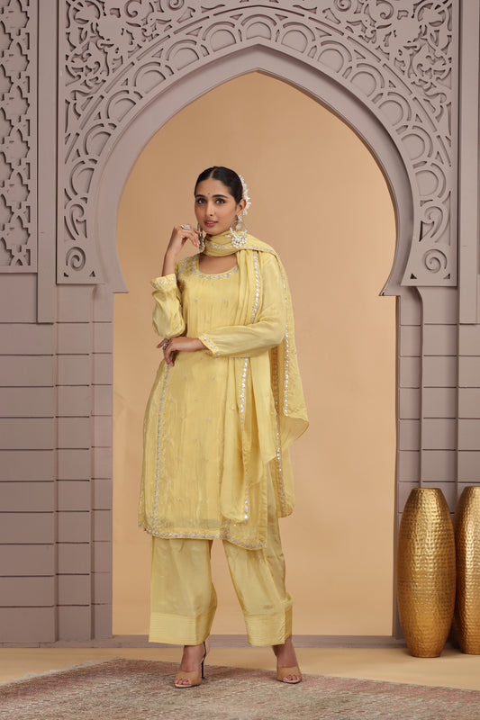 Beautiful Yellow Satin Silk Embroidered Salwar Suit with Matching Dupatta