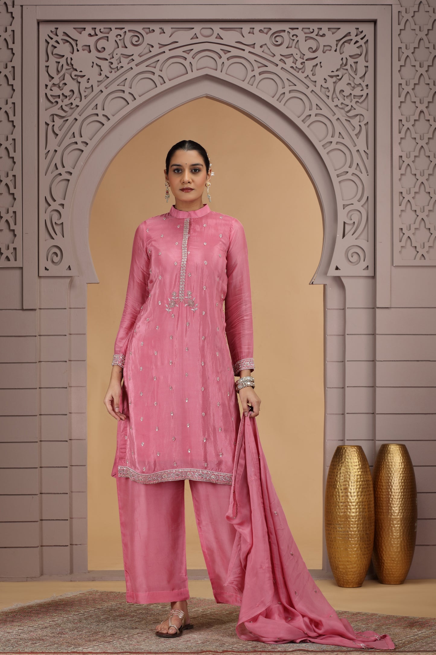 Charming Pink Satin Silk Embroidered Salwar Suit with Matching Dupatta