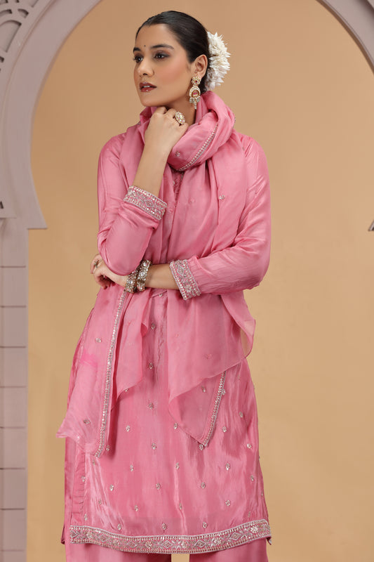 Charming Pink Satin Silk Embroidered Salwar Suit with Matching Dupatta
