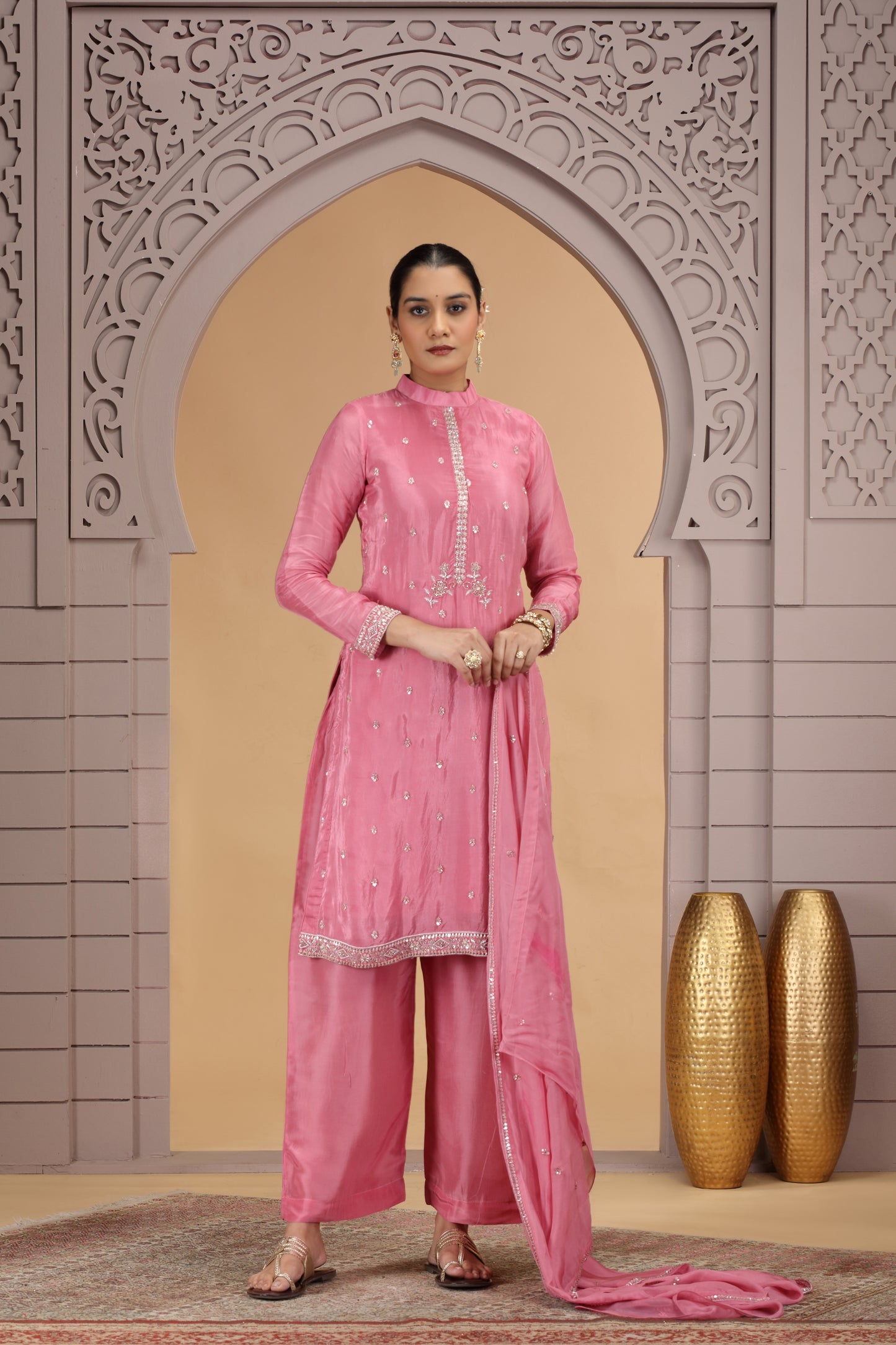 Charming Pink Satin Silk Embroidered Salwar Suit with Matching Dupatta