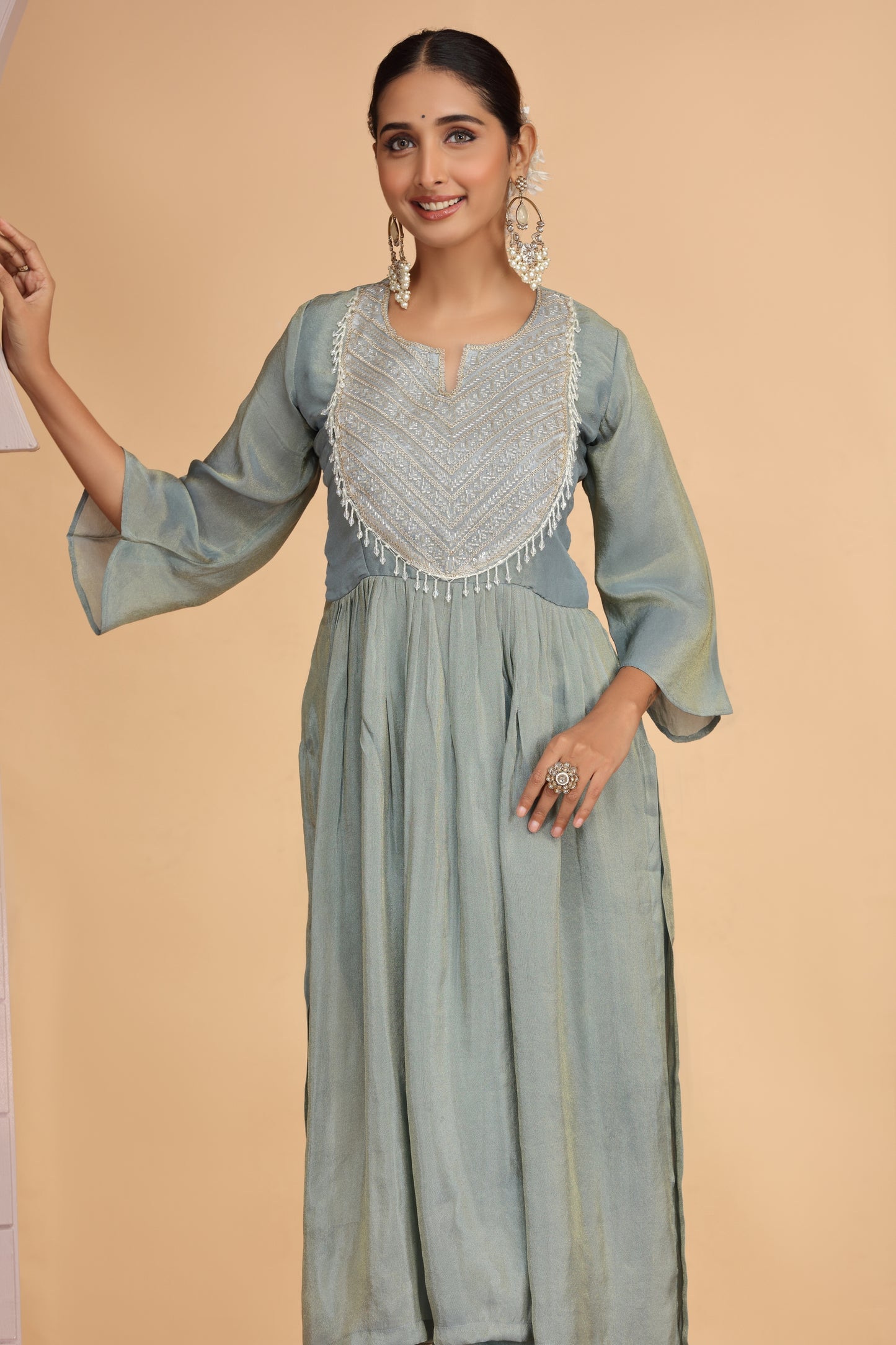 Stylish Firozi Satin Silk Embroidered Kurti for Festive and Wedding Wear