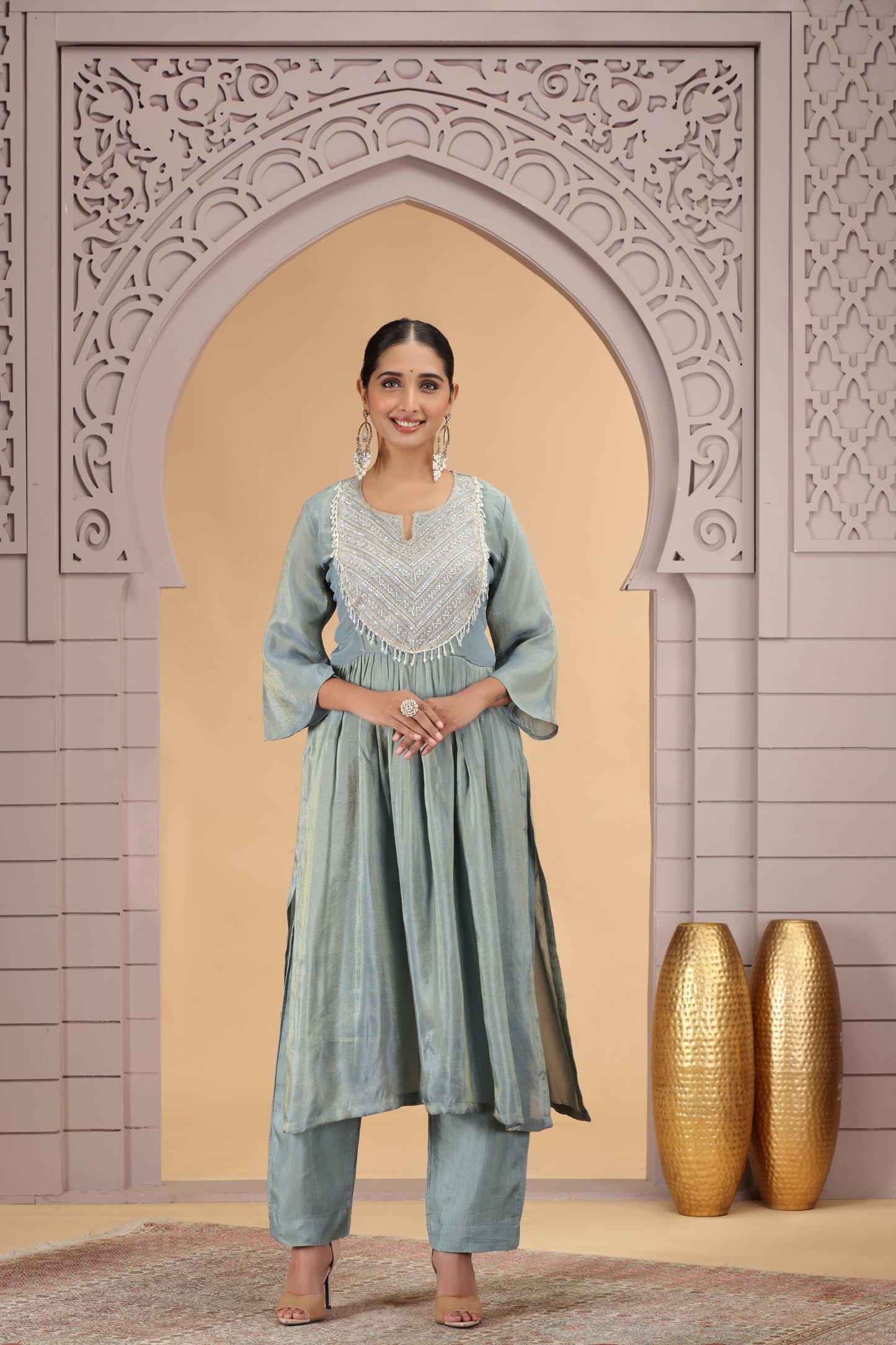 Stylish Firozi Satin Silk Embroidered Kurti for Festive and Wedding Wear