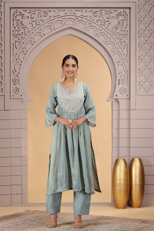 Stylish Firozi Satin Silk Embroidered Kurti for Festive and Wedding Wear