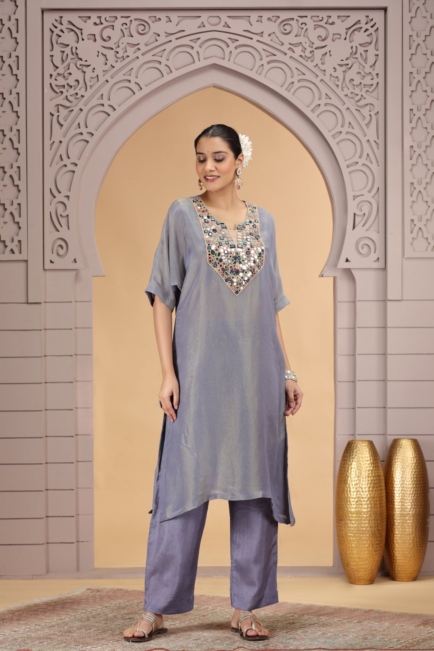 Trendy Grey Satin Silk Embroidered Kurti for Festive and Wedding Wear