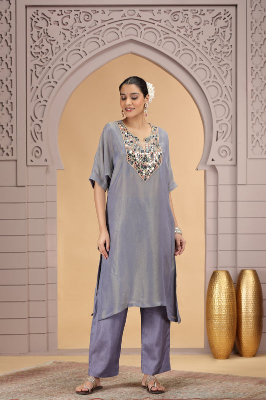 Trendy Grey Satin Silk Embroidered Kurti for Festive and Wedding Wear