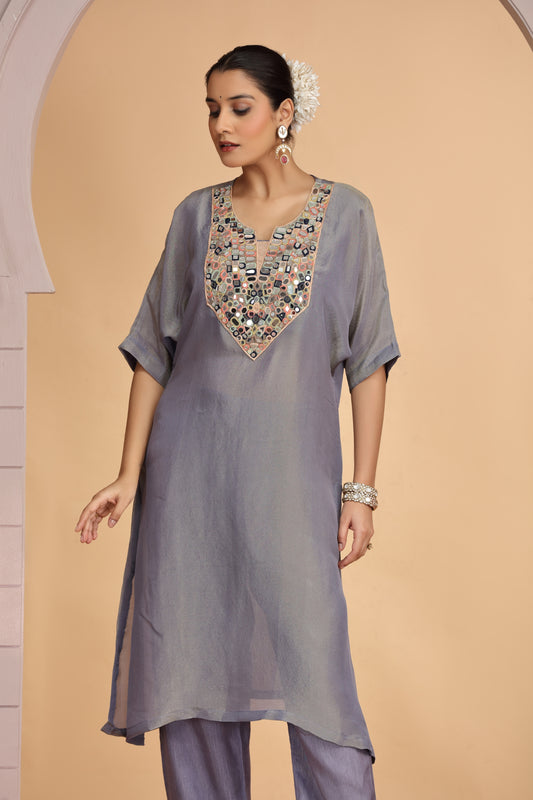 Trendy Grey Satin Silk Embroidered Kurti for Festive and Wedding Wear