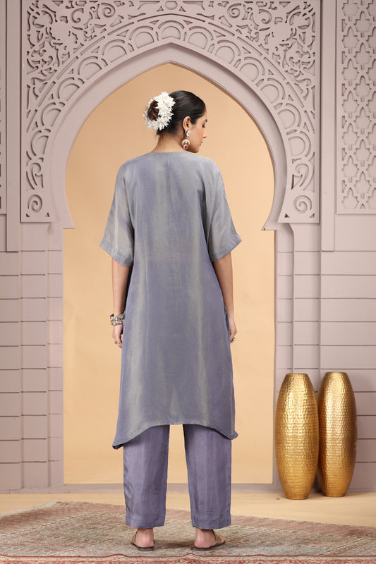 Trendy Grey Satin Silk Embroidered Kurti for Festive and Wedding Wear
