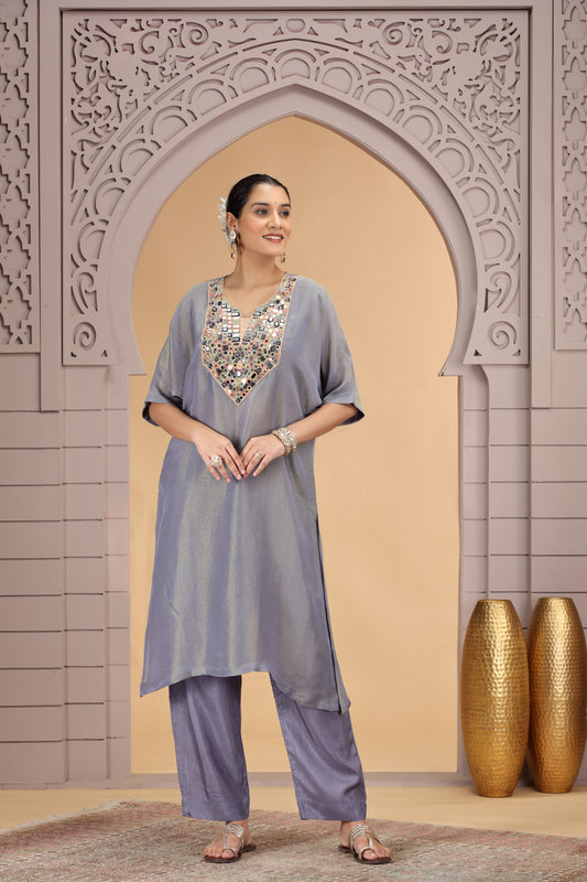 Trendy Grey Satin Silk Embroidered Kurti for Festive and Wedding Wear