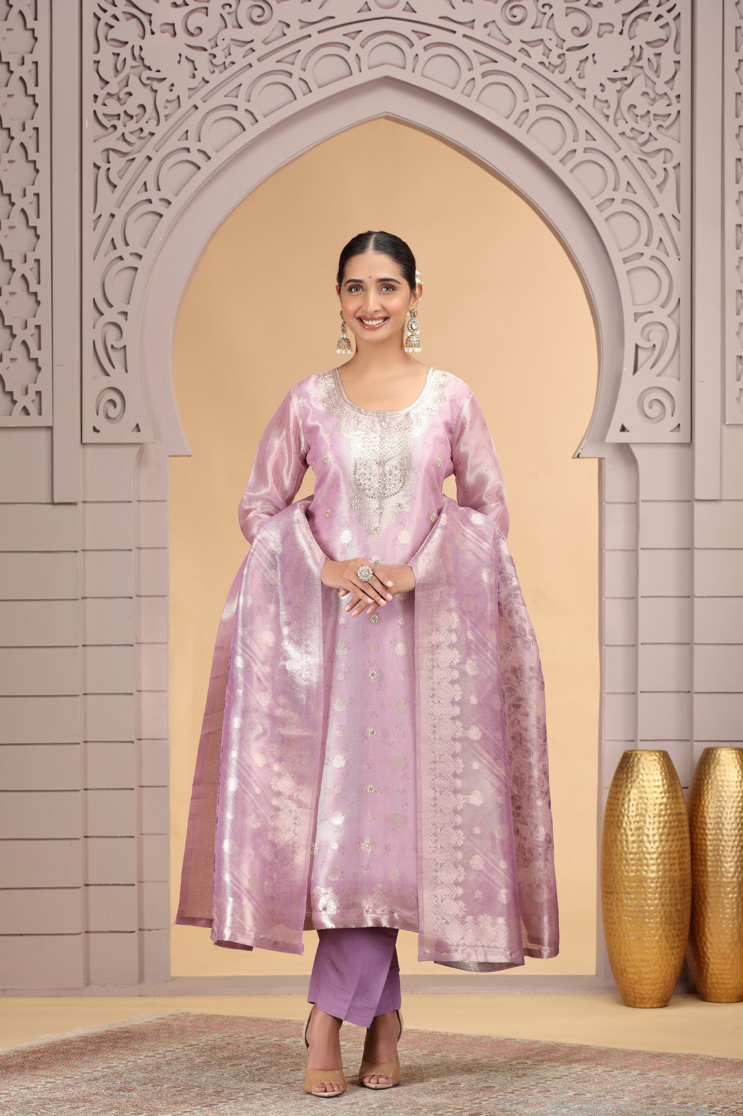 Elegant Pink Organza Printed Readymade Salwar Suit with Dupatta for Women