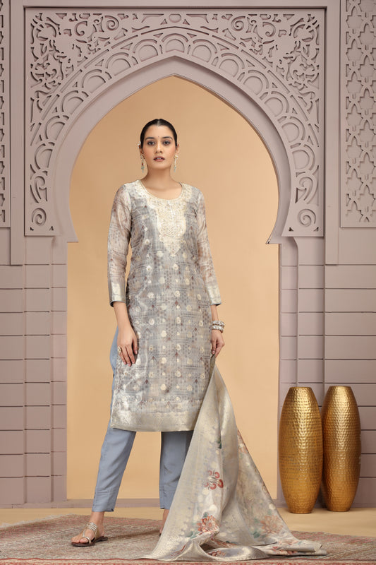 Stylish Grey Organza Printed Readymade Salwar Suit with Dupatta for Women