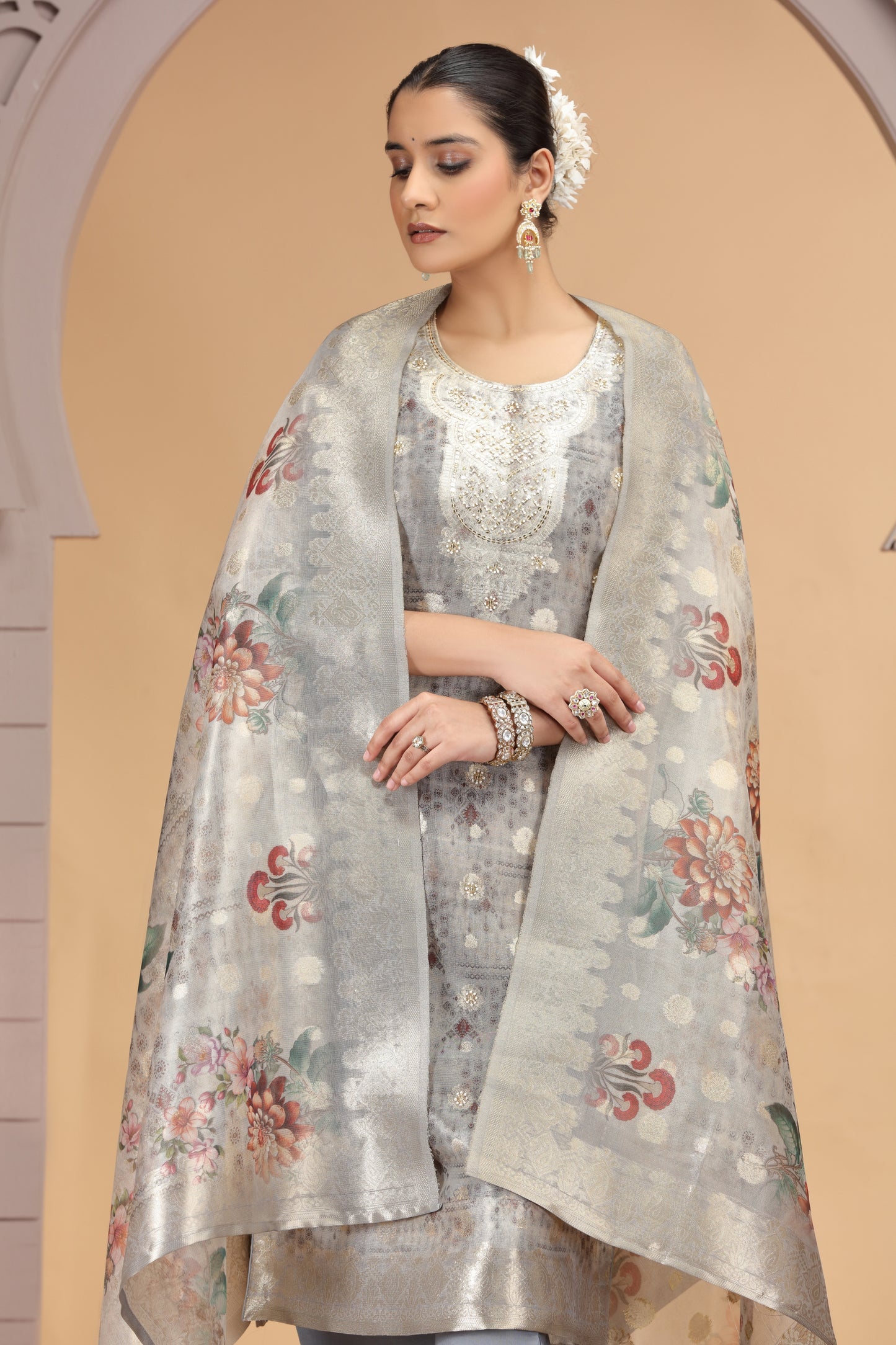 Stylish Grey Organza Printed Readymade Salwar Suit with Dupatta for Women