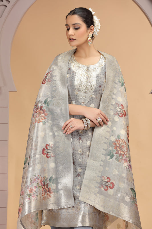 Stylish Grey Organza Printed Readymade Salwar Suit with Dupatta for Women