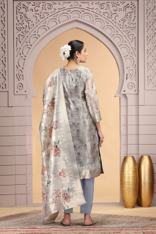 Stylish Grey Organza Printed Readymade Salwar Suit with Dupatta for Women