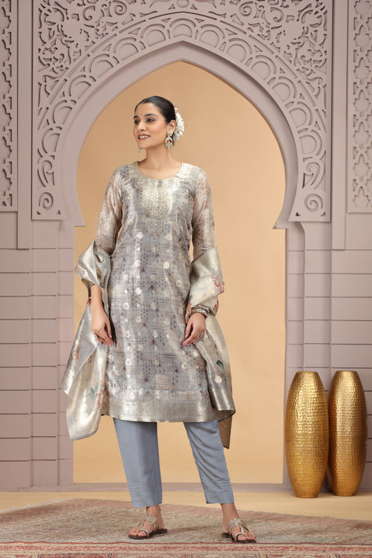 Stylish Grey Organza Printed Readymade Salwar Suit with Dupatta for Women