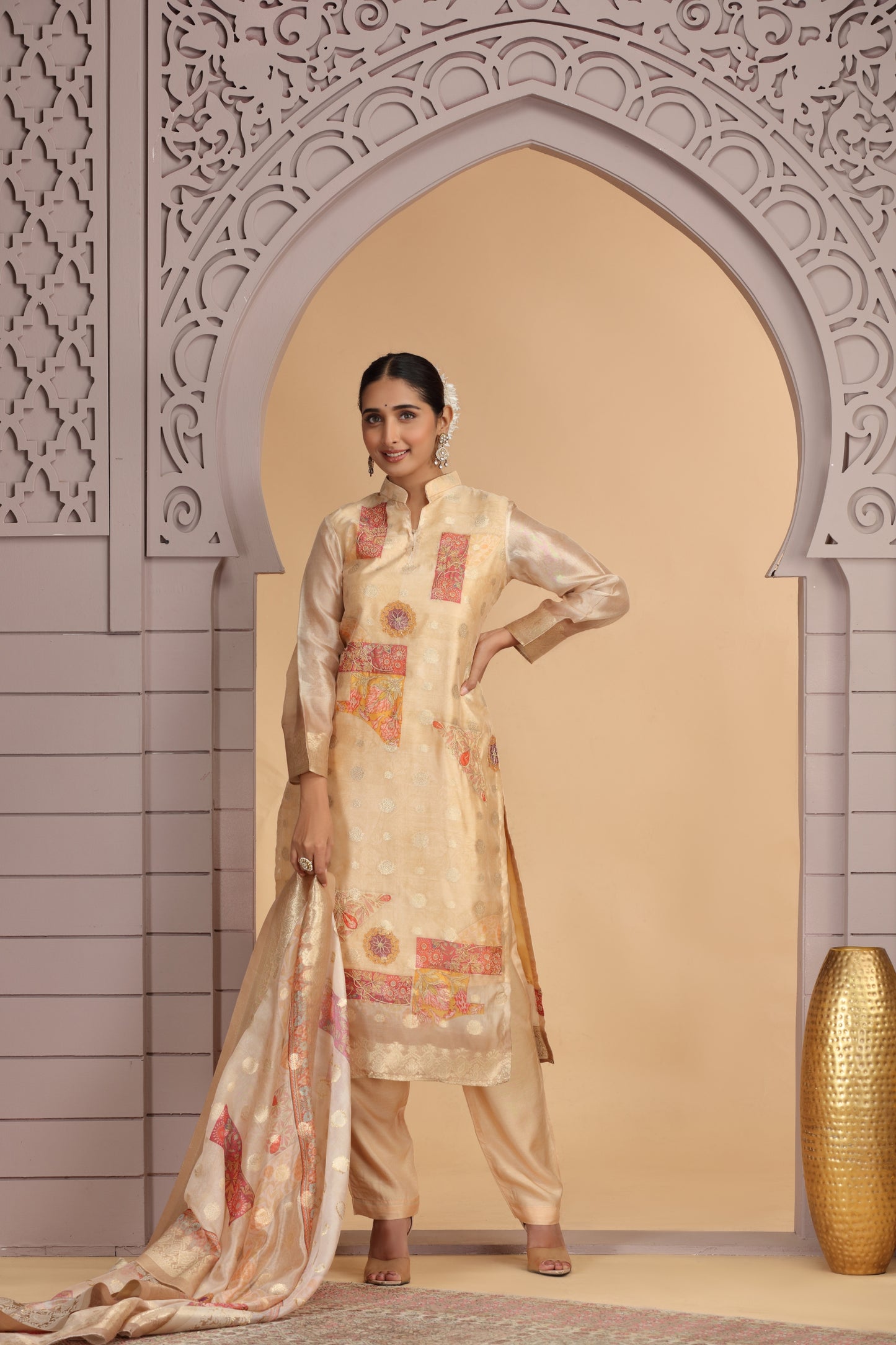 Delicate Gold Organza Printed Readymade Salwar Suit with Dupatta for Women