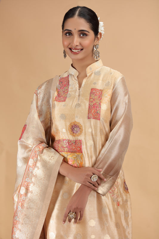 Delicate Gold Organza Printed Readymade Salwar Suit with Dupatta for Women